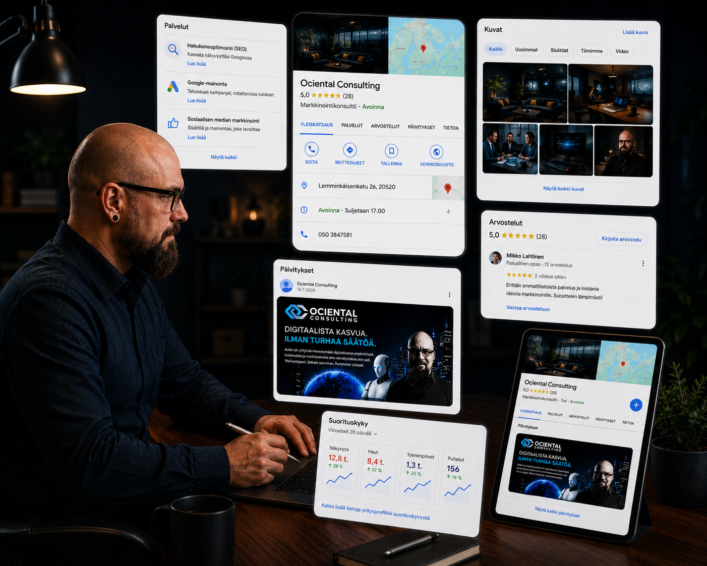 Ociental Consultingin asiantuntija työskentelee Google Business Profile -näkyvyyden parissa. Kuvassa esitellään yritysprofiilin palveluita, kuvia, julkaisuja, asiakasarvosteluja, yhteystietoja ja suorituskykymittareita eri päätelaitteilla, Google Business Profile