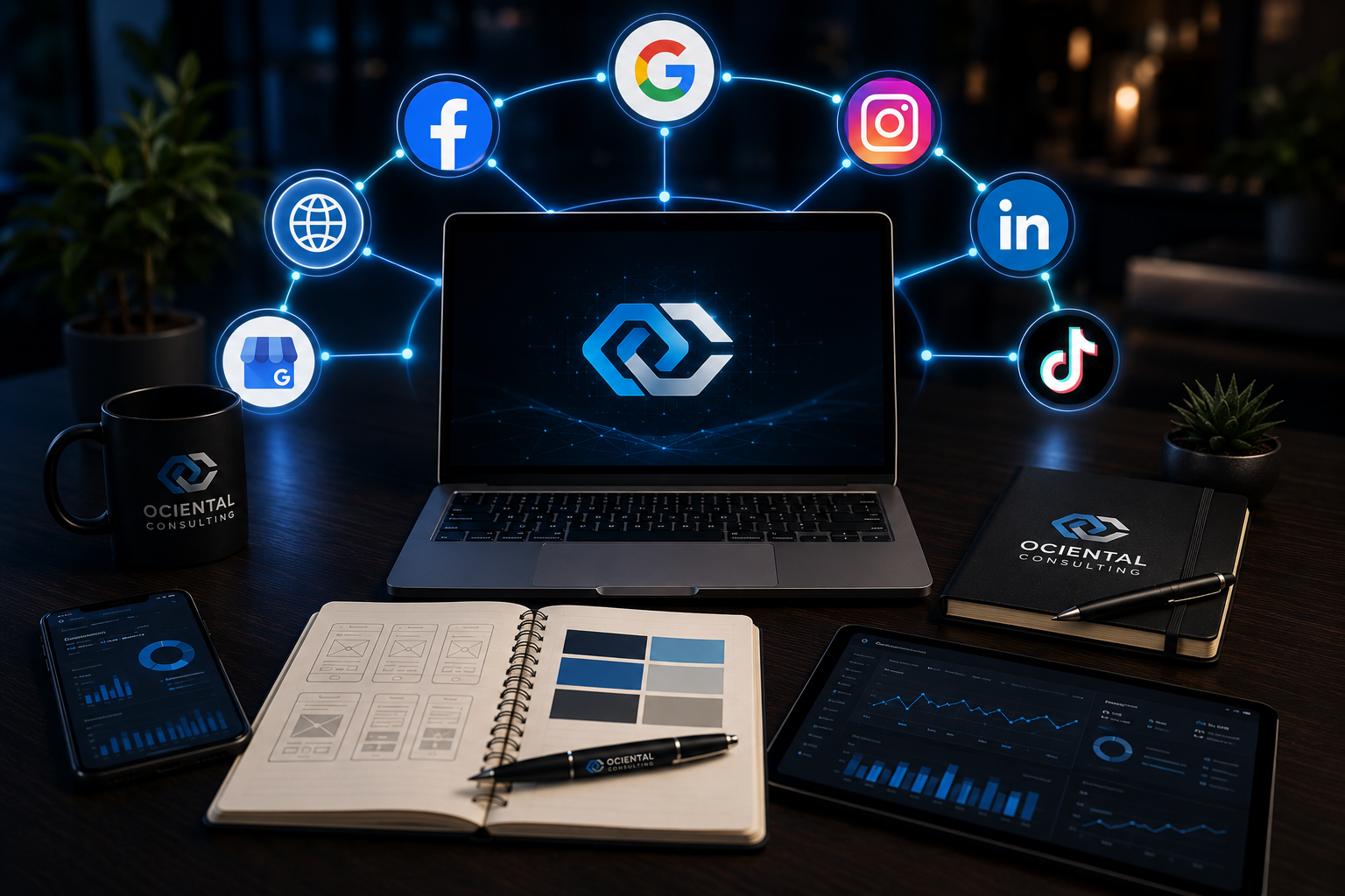 Ociental Consultingin digitaalinen työympäristö, jossa Google, verkkosivut, Facebook, Instagram, LinkedIn ja TikTok muodostavat yhtenäisen digitaalisen kokonaisuuden, Google Business Profile ja sosiaalinen media