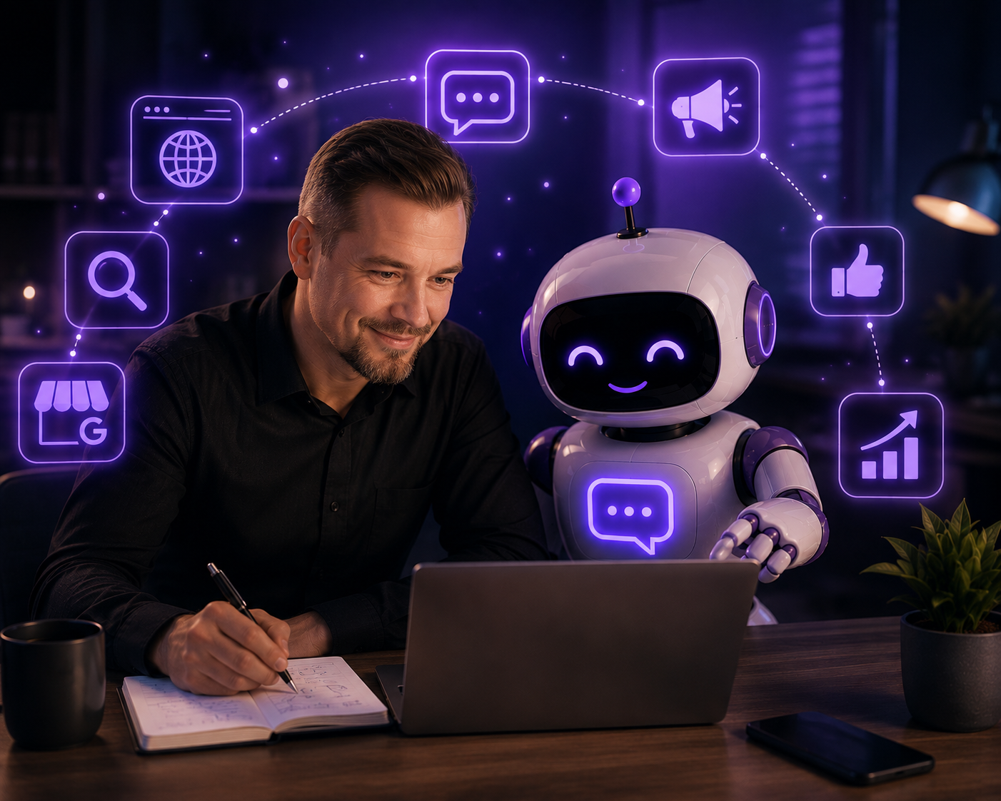Yrittäjä työskentelee yhdessä Gunvald AI -tekoälyavustajan kanssa modernissa työympäristössä. Digitaaliset ikonit kuvaavat käyttöönottoa, sisällöntuotantoa, markkinointia, analytiikkaa ja yrityksen arkea tukevia tekoälytoimintoja.